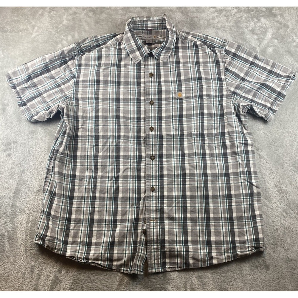 Carhartt Shirt Men'sShort Sleeve Button Up XL Relaxed Fit Check Plaid Logo Work